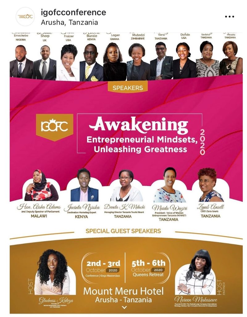Poster for IGOFC 2020 'Awakening Entrepreneurial Mindsets, Unleashing Greatness' at Mount Meru Hotel, Arusha